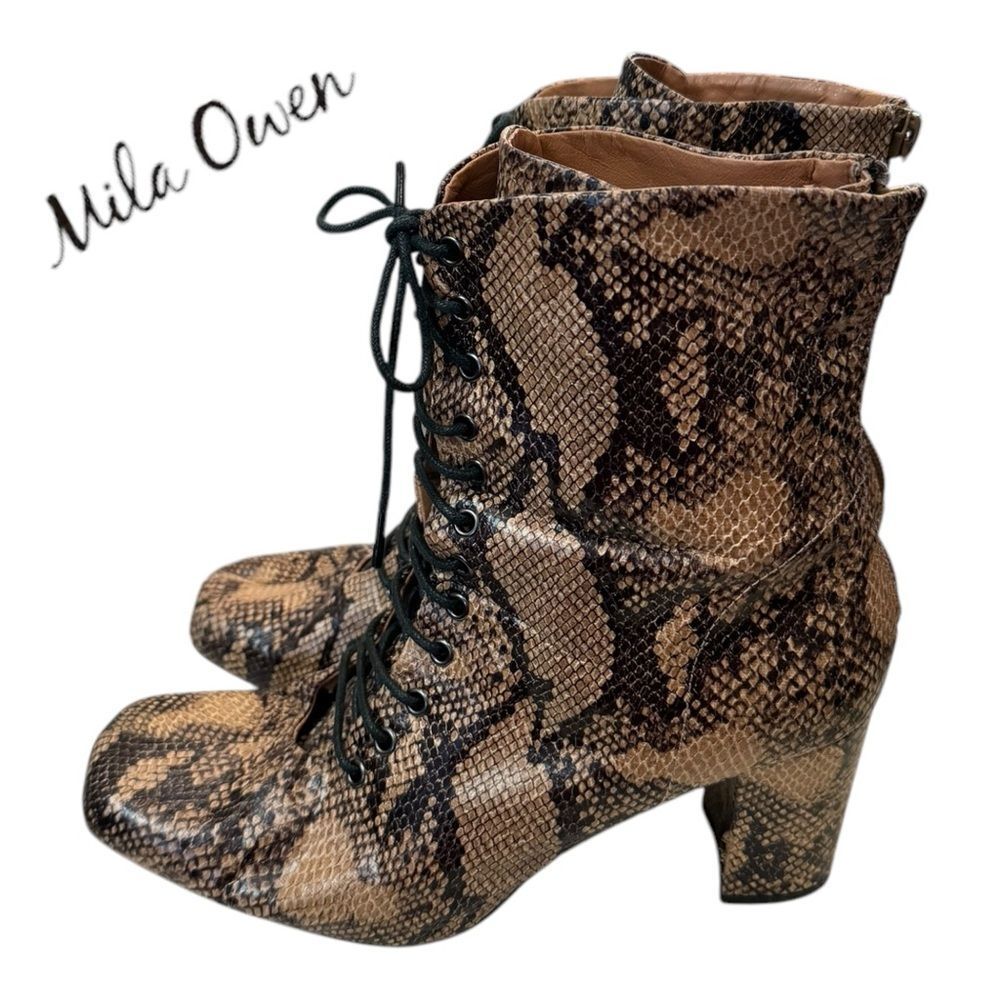 Mila Owen Anthropologie Women's Snake Heeled Lace-up Ankle Boots Booties JP 38